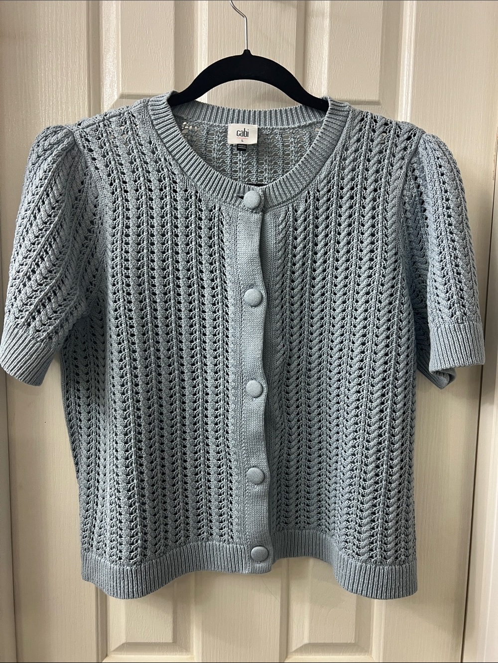 CAbi Periwinkle Blue Openwork Knit Button-Front Short Sleeve Cardigan
